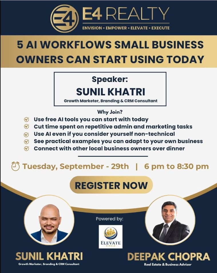Event flyer: 5 AI Workflows Small Business Owners Can Start Using Today, with speaker Sunil Khatri, Tuesday September 29, 6 to 8:30 PM, powered by The Elevate Circle